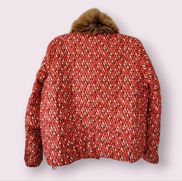 Rare ESCADA Puffer Down Filled Full Zip Jacket Lipstick Print Fur Hood Size 42 Puffers